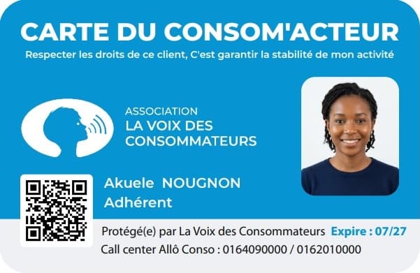 Recto de la carte du Consom'Acteur : QR Code, nom de l'adhérent et date d'expiration
